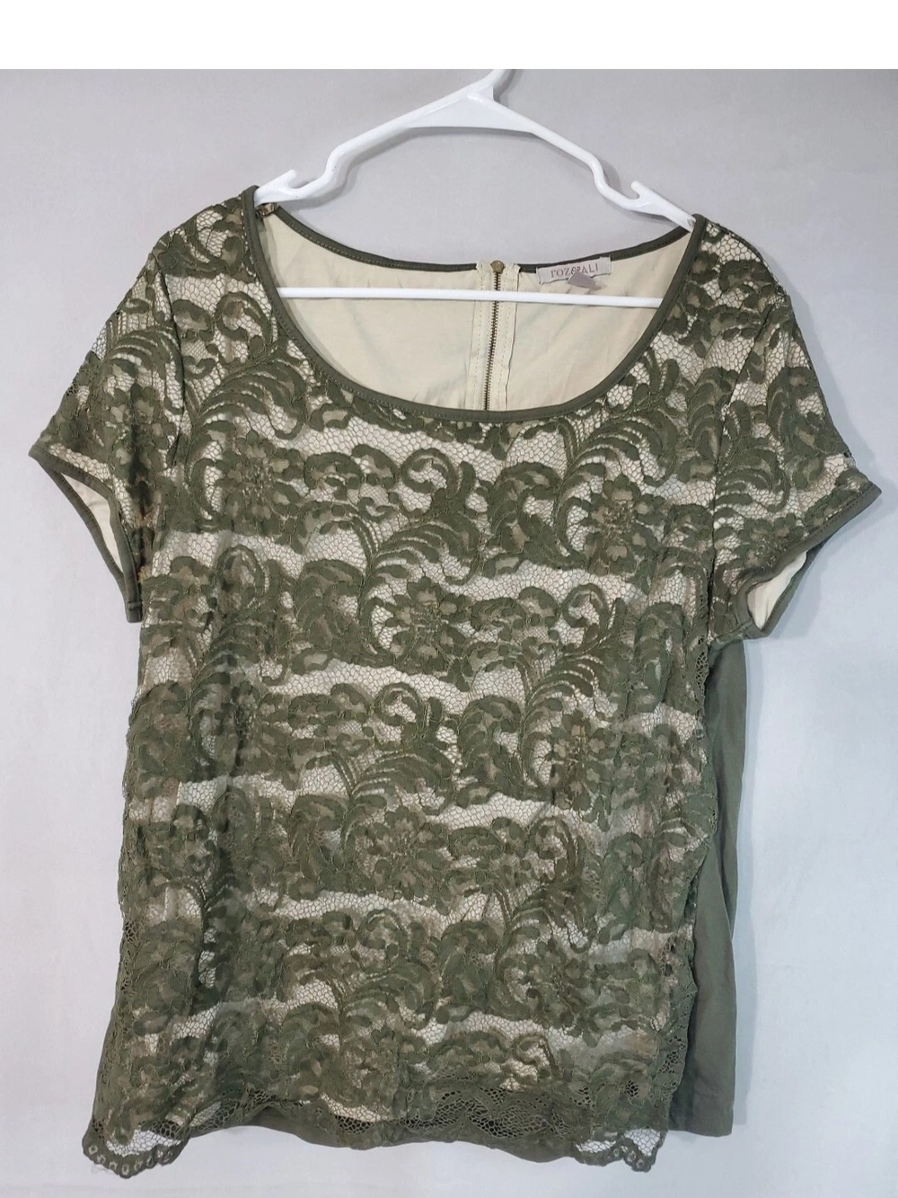 Roz & Ali Juniors XL Olive Lace Overlay Short Sleeve Top